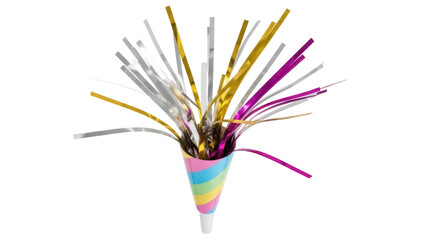 Colorful striped party hat with metallic confetti PNG isolated on transparent background, festive...