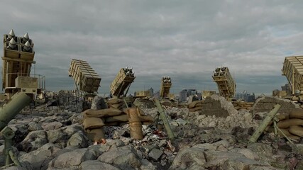 A battery of air-defence systems stands ready to shield the shattered remains of a city from an ongoing enemy bombing campaign.
