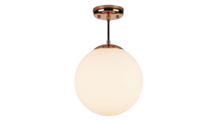 Modern copper pendant light isolated PNG, stylish ceiling lamp with round white glass shade on transparent background