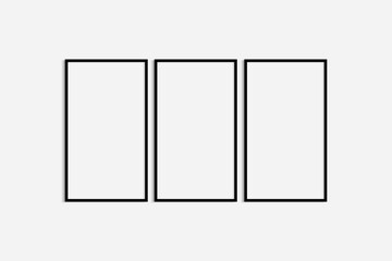 Frame mockup 9:16. Set of three thin black frames. Gallery wall mockup, set of 3 frames. Clean, modern, minimalist, bright. Portrait. Vertical.