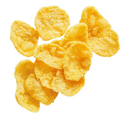 Flying Cornflakes isolated on white background. Levitating corn flake cereal top view. Flat lay