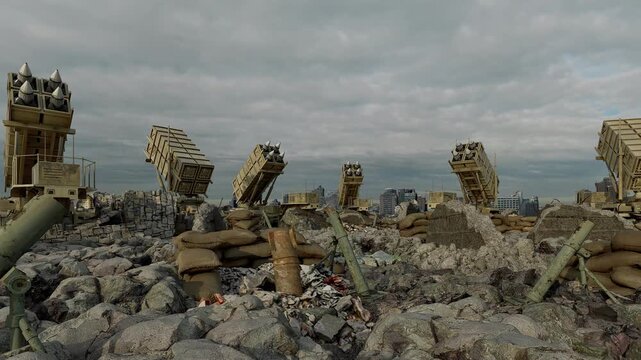 A battery of air-defence systems stands ready to shield the shattered remains of a city from an ongoing enemy bombing campaign.