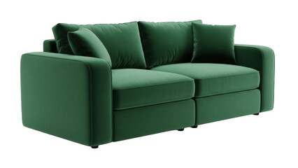 Emerald green two-seater sofa isolated PNG, modern couch with cushions for living room interior...
