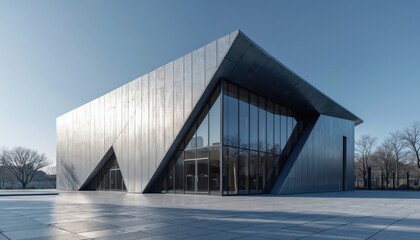 Modern metallic building with sharp angles and glass facade. Sleek angular design outside with clear blue sky backdrop. Contemporary structure features geometric lines and minimalist exterior.