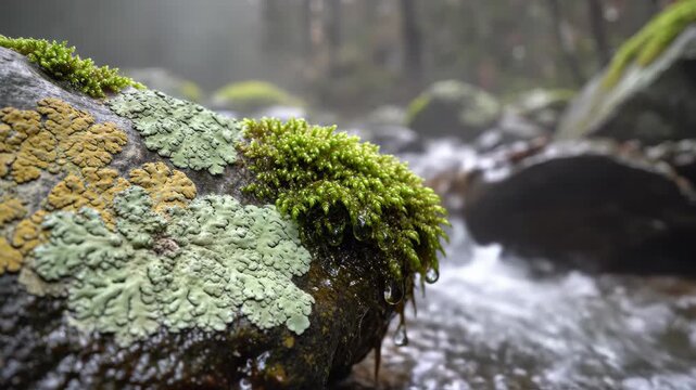 Close-up of vibrant green moss and lichen on a rock by a flowing stream in a lush forest.