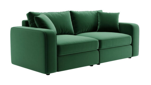 Emerald green two-seater sofa isolated PNG, modern couch with cushions for living room interior design on transparent background