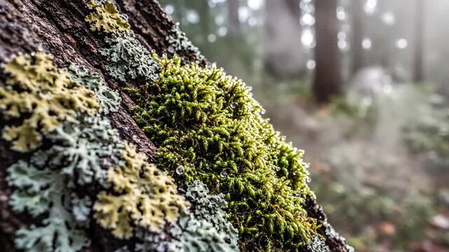 Close-up of vibrant green moss and lichen on tree bark in a misty forest environment.