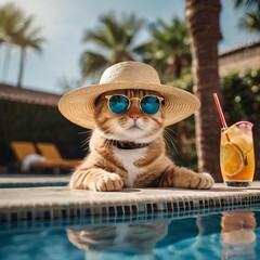 A cat with a straw hat and sunglasses is sunbathing by the pool