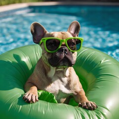 French bulldog with green sunglasses in swimming ring in pool