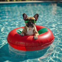 French bulldog with sunglasses in swimming pool