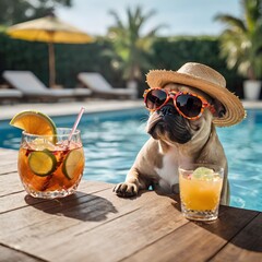 English bulldog enjoys a cocktail while swimming in the pool on summer vacation
