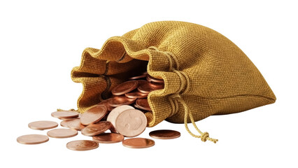 Open burlap sack with scattered copper coins isolated PNG, money bag overflowing with pennies on...