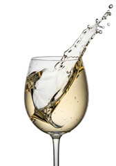 ultra-detailed macro of a leaded crystal wine glass, condensation visible, capturing a dramatic splash of chilled golden white wine on a transparent background. concept for luxury advertising