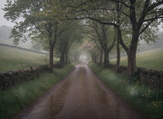 Serene Rainy Day Pathway Surrounded by Lush Green Trees