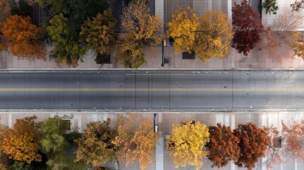 Fototapeta premium Trees line the road in autumn colors during a clear day in a city