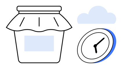 Food storage, time management, cloud technology, productivity, sustainability, organization. A jar with a lid, clock and cloud symbol. Food storage and time management illustration