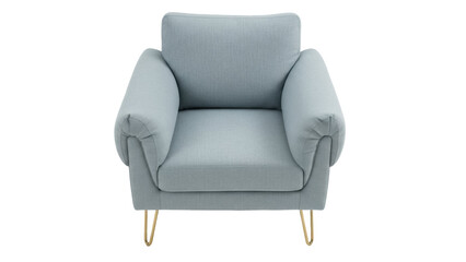 Light blue armchair PNG isolated on transparent background, modern upholstered seat with metal legs...