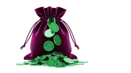 Purple velvet bag with green coins PNG isolated on transparent background, wealth and prosperity...
