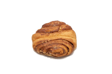 A single cinnamon roll pastry is photographed from above on a white background. The flaky layers and caramelized cinnamon filling are clearly visible in this minimalist food shot.