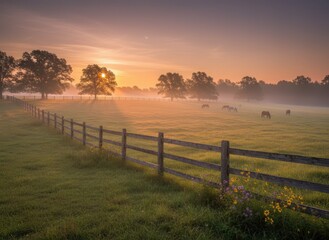 Obraz premium Serene Morning Landscape with Fog and Horses in Golden Light