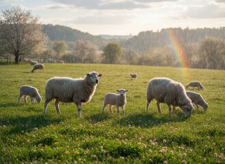 Fototapeta premium Sheep Grazing in Lush Green Field Under Soft Rain with Rainbow