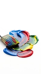 Vibrant Paint Swirls and Brush on White Background.