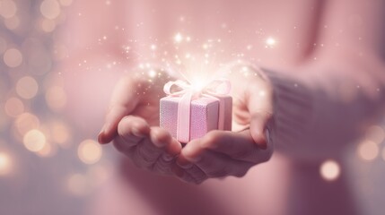 Soft pastel background with hands holding small gift  box, emitting light, magic christmas concept