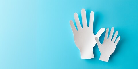 Top view paper cut art of parent and child hands on clean blue background with copy space