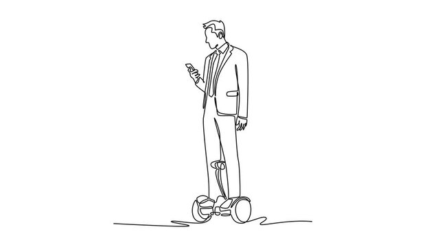 Animated self drawing of continuous line draw young man in business suit riding hoverboard while checking his smartphone. Depicts efficient for tech-savvy professional. Full length one line animation