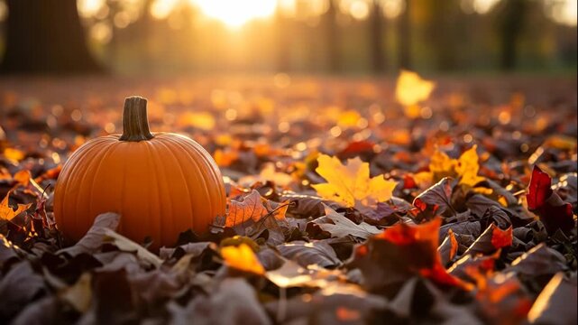 Pumpkin and fall leaves arrangement with warm lighting