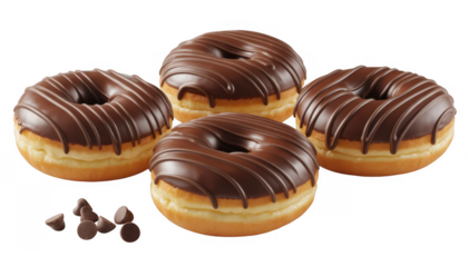 Chocolate frosted donuts with chocolate drizzle isolated on a transparent background