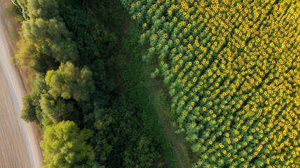 Fototapeta premium Sunflower field next to trees along a dirt road in summer sunlight