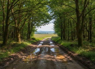 Serene Forest Path with Muddy Road and Lush Green Trees