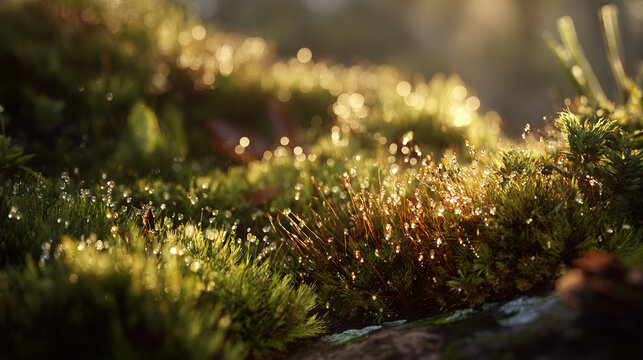 A macro shot of moss covered rocks with morning dew, the golden sunlight highlighting the intricate details of the natural scene.