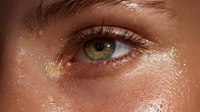 A close-up of a human eye with sweat, showing determination and focus. The eye is captivating, with the glistening sweat highlighting the skin