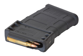 Black plastic 10 round magazine fully loaded and isolated in a png