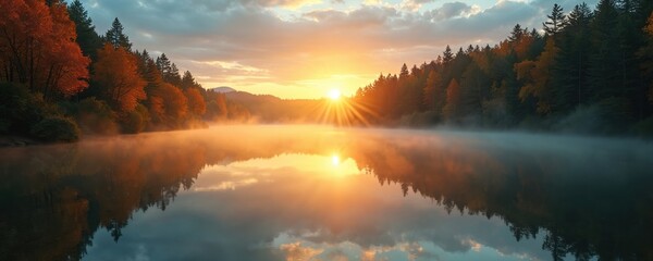 Golden sunrise illuminates misty forest lake with colorful autumn trees reflected on calm water surface. Peaceful natural landscape at dawn with clear sky. Serene outdoor scene.