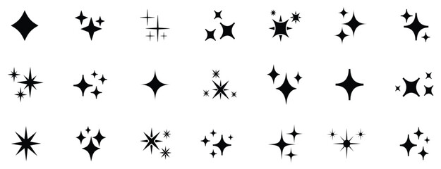 Naklejka premium Set sparkle icon. Star set. Minimalist twinkle star shape symbols. Shining star icons, abstract sparkle black silhouettes. 