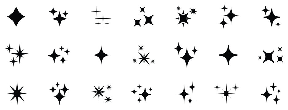 Star icon set. Minimalist twinkle star shape symbols. Shining star icons, abstract sparkle black silhouettes. vector illustration