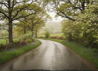 Fototapeta premium Misty Spring Day, Wet Country Lane, Lush Green, Blooming Wildflower