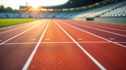 An empty running track at an athletics stadium bathed in the warm light of the rising sun