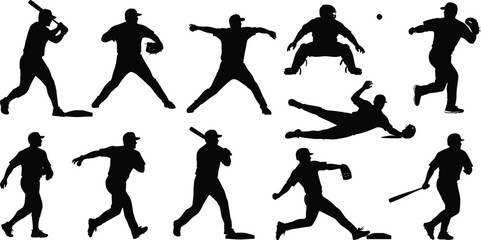 Baseball player silhouettes, batting pose, pitching motion, fielding stance, catching action, sliding athlete, sports icon, team game, athletic movement, dynamic action