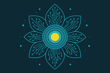A digital representation of a flower with circuit board details for petals, symbolizing a fusion of nature and technology