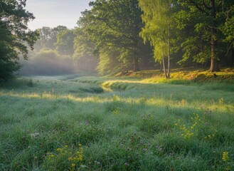 Obraz premium Serene Morning Light Over Lush Green Meadow with Wildflowers