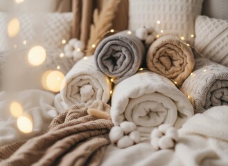 Fototapeta premium Cozy and Soft Rolled Blankets on a Bed with Decorative Elements