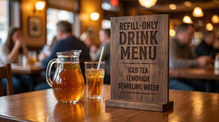 Refreshment On A Wooden Table Inside Restaurant With A Refill-Only Drink Menu Sign