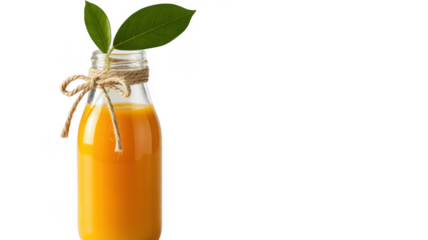 Orange juice in glass bottle with green leaves isolated on a transparent background