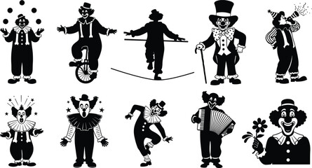 Clown performance silhouettes, circus icons, juggling act, unicycle rider, tightrope walker, comedy pose, dancing clown, accordion player, flower prop, theatrical gesture