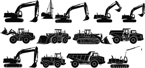 Construction vehicle icons, excavator silhouette, crane graphic, bulldozer shape, dump truck, wheel loader, heavy machinery, earthmover, industrial transport, equipment © MDMAHOMUDUL