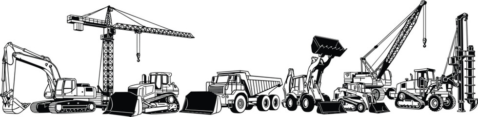 Construction vehicle silhouettes, excavator icon, crane boom, bulldozer blade, dump truck, front loader, drilling rig, motor grader, heavy equipment, industrial transport © MDMAHOMUDUL
